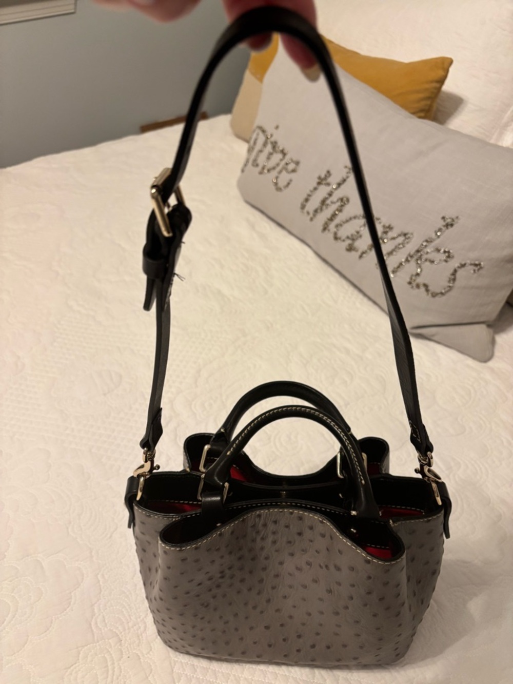 Dooney & Bourke Mini Barlow Gray Ostrich-Embossed Satchel with Black Handles - Picture 12 of 13